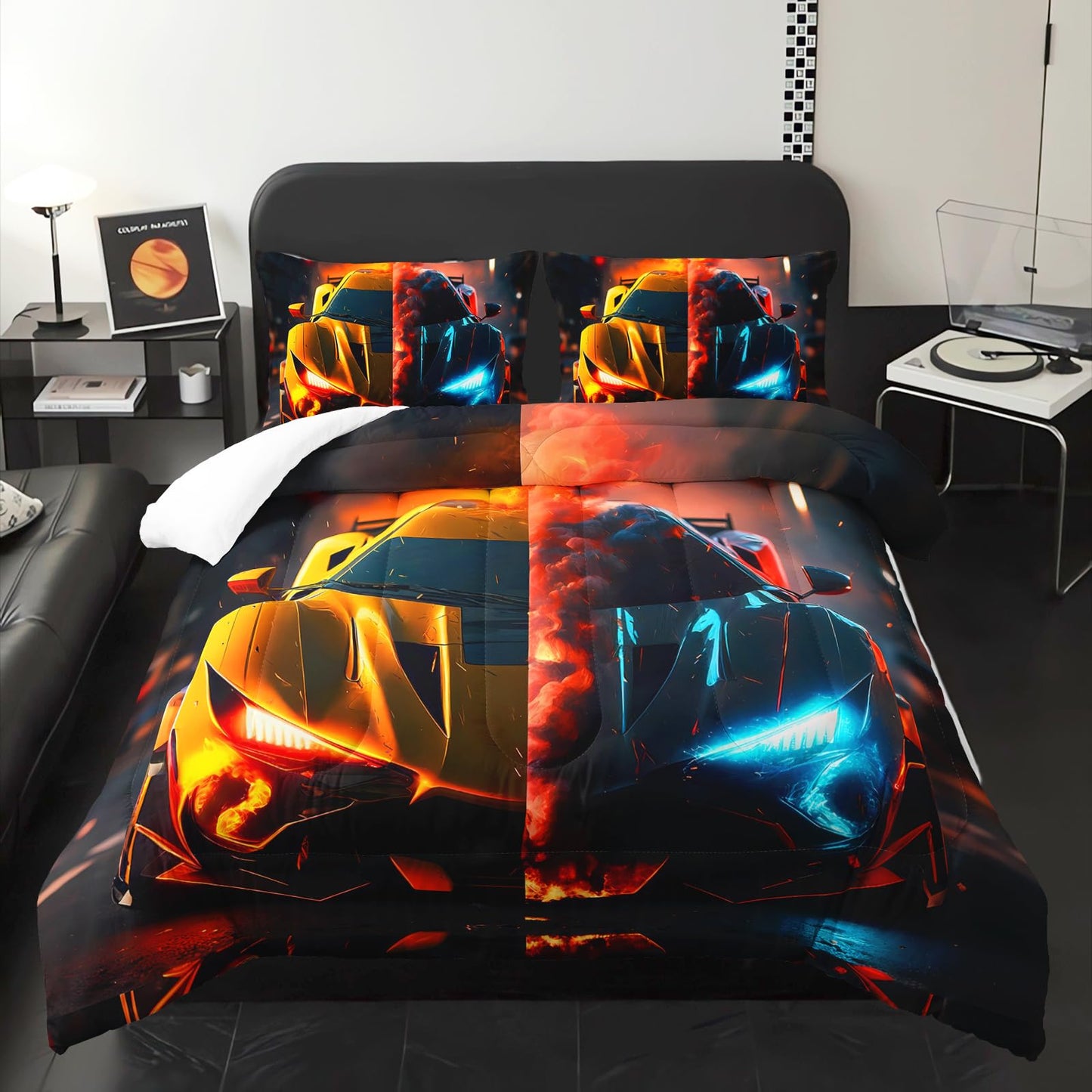 lneffble Boys Comforter Set Twin Size Race Car，Kids Twin Size Blue and Red Race Car Bedding Set，Race Car Quilt Twin with 1 Comforter with 2 Pillow Case，Kids Race Car Themed Bedroom Decor for Boys