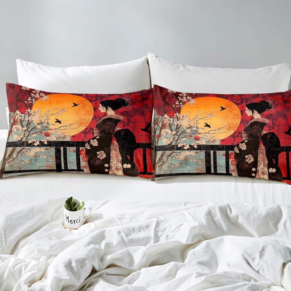 Erosebridal Japanese Style Comforter Set, Cherry Blossoms Down Comforter Queen Size for Kids Girls Women Bedroom Decor, Sakura Flower Bedding Set, Japan Ukiyo-E Quilt, Red, Lightweight