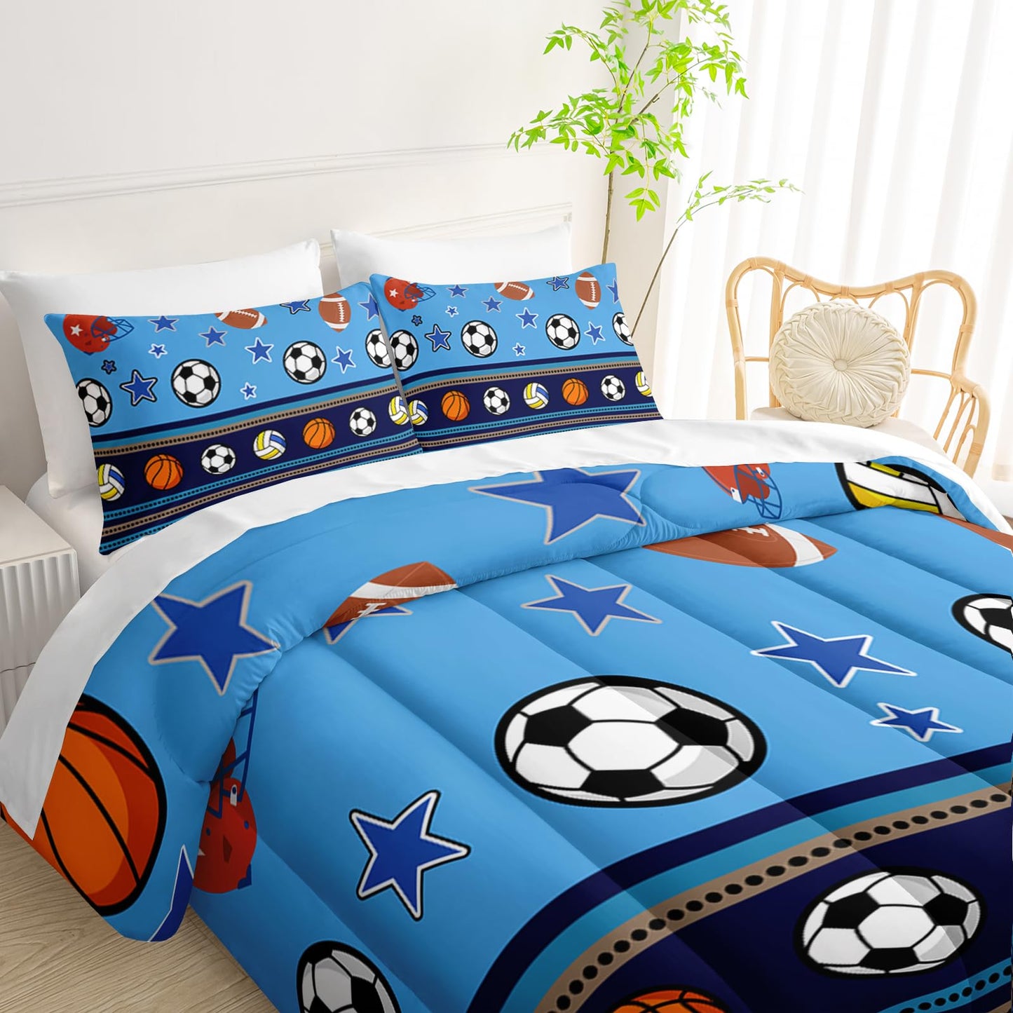 QOOMO Sports 7 Pieces Comforter Set Twin Size,Sports Bedding Set for Kids Teens Girls-Include 1 Comforter,1 Fitted Sheet,1 Flat Sheet,2 Printing Pillowcases and 2 Purple Pillowcases
