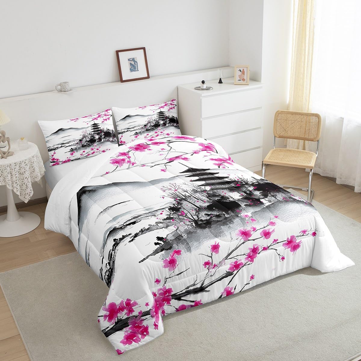 jejeloiu Japanese Bedding Set Full Size Kids Cherry Flower Comforter for Boys Girls Ink Painting Comforter Set Traditional Duvet Set Room Decorations Quilt Set