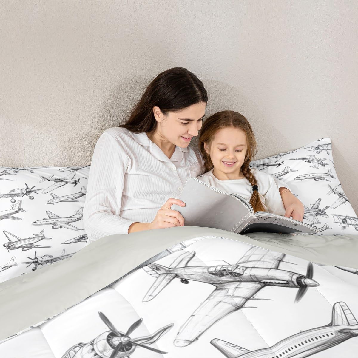 Homewish Airplane Comforter Set Twin Size Aircraft Bedding Set 2Pcs for Kids Girls Boys Teens Bedroom Decor Black White Sketch Print Quilt Set Flying Theme Duvet Insert,1 Pillowcase