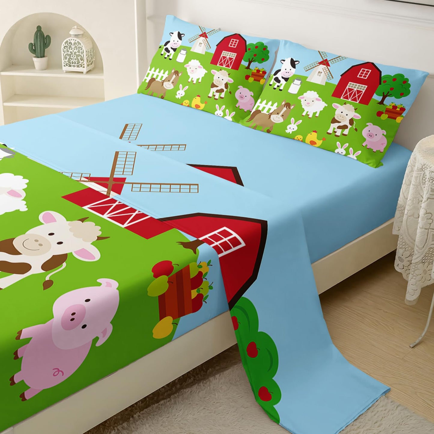 QOOMO Farm Animal Sheet Set,Farmhouse Kids Bed Sheets,Cow Pig Sheep 16" Deep Pocket Bed Sheet Set for Boys/Girls/Kids/Teens，4 Piece Sheet Set, 1 Fitted Sheet,1 Flat Sheet and 2 Pillowcases，Twin Size