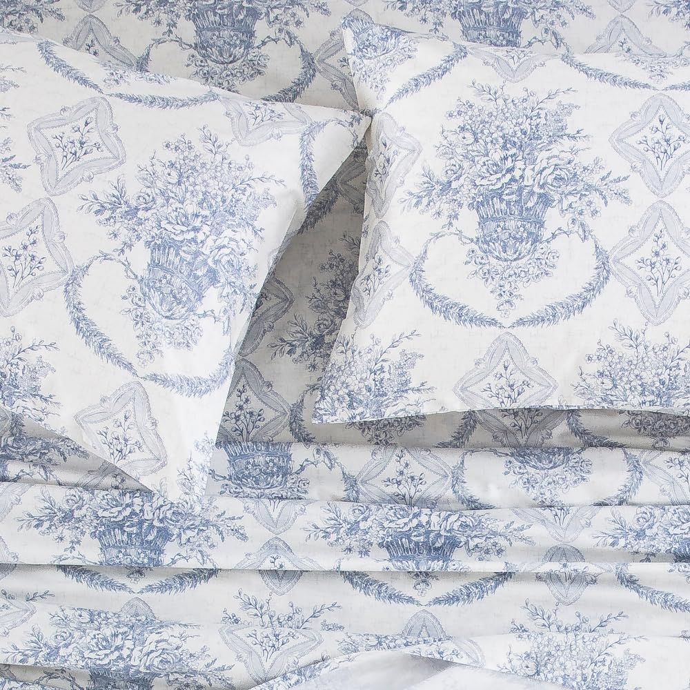 DAUAOTO King Size Cotton Bedding Printed Sheets Set, Up to 14" Deep Mattress, Farmhouse Country Cottage Pattern Bedlinen Sets, French Blue