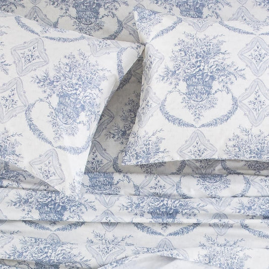 DAUAOTO King Size Cotton Bedding Printed Sheets Set, Up to 14" Deep Mattress, Farmhouse Country Cottage Pattern Bedlinen Sets, French Blue