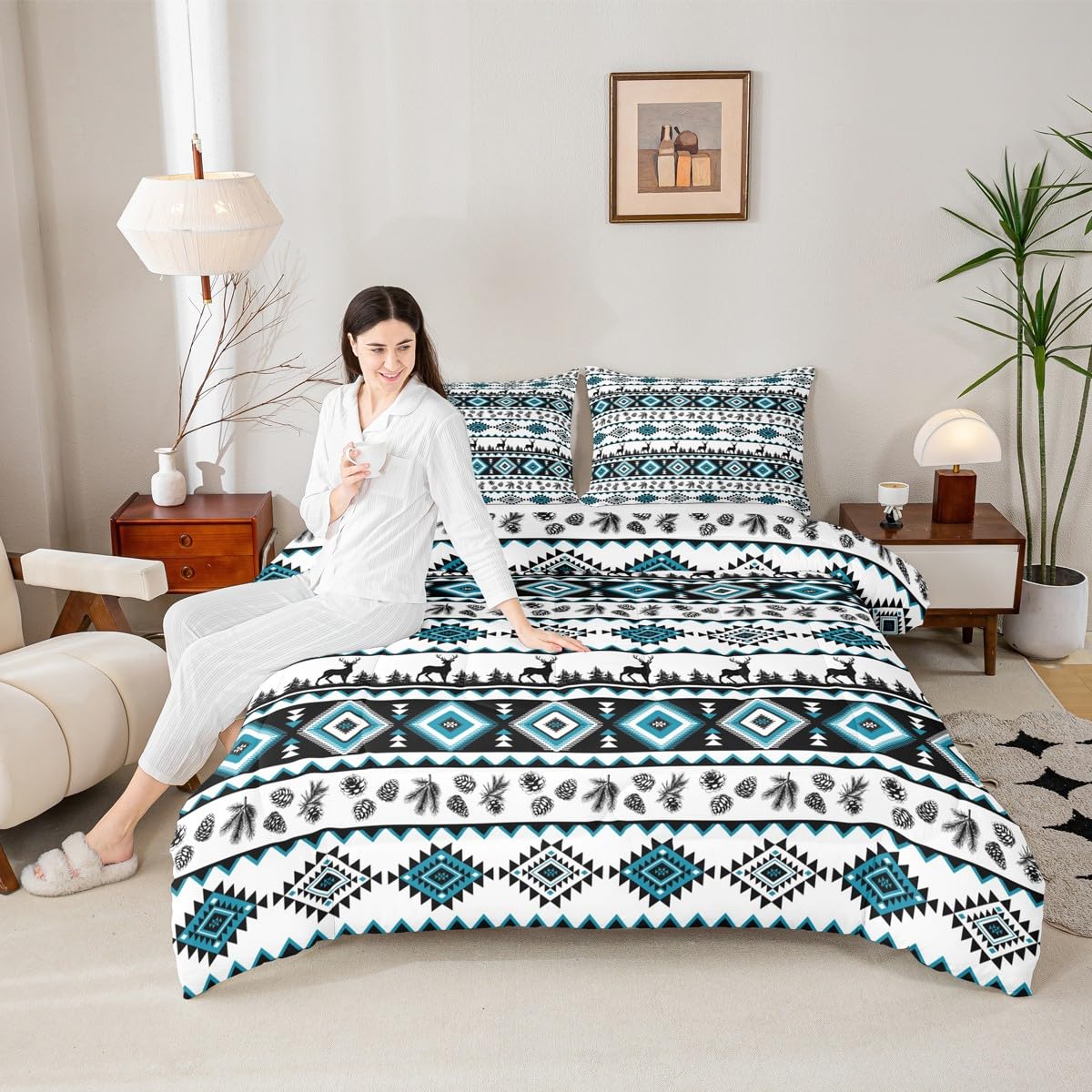Deer Silhouettes Comforter Set Queen Size ,Aztec Abstract Geometric Print Down Alternative Adults Room Decor,Western Elk Animals Southwest Tribal Ethnic Ultra Soft Microfiber Inner Fill 3Pcs Bedding