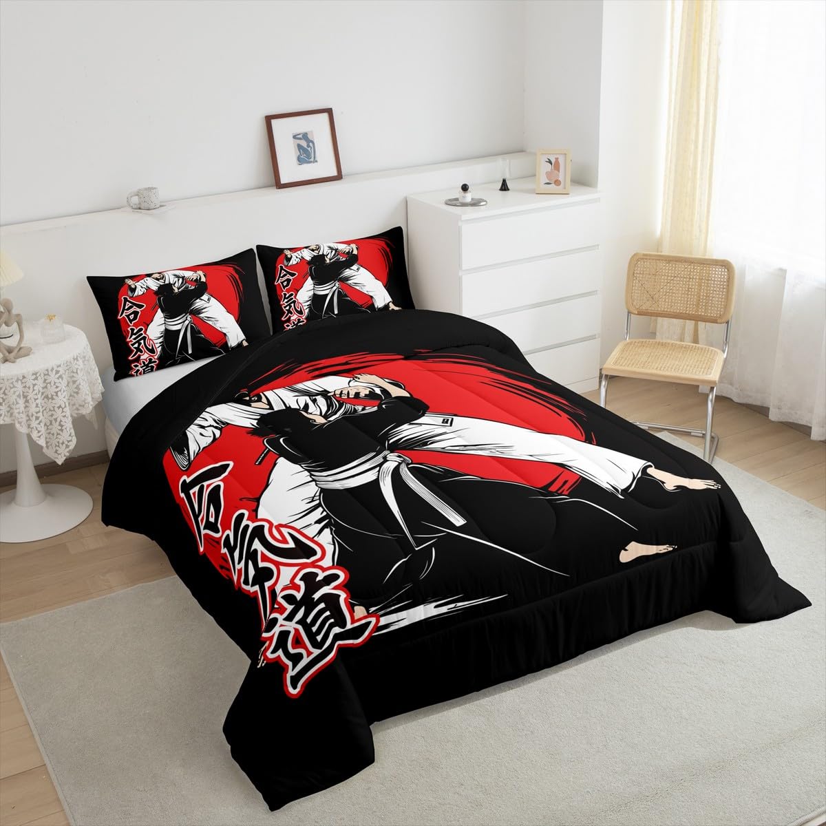 Erosebridal Japanese Comforter Set Samurai Bedding Set Karate Down Comforter for Kids Boys Japanese Culture Sunset Duvet Insert with 1 Comforter and 1 Pillow Case Twin Size Black Soft
