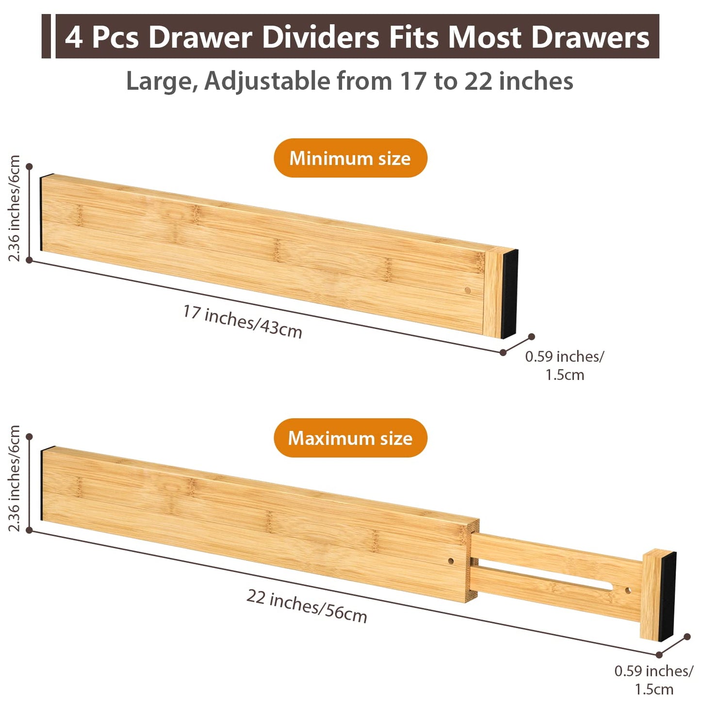 DUCOO 4 PCS Drawer Divider, 17"-22" Adjustable Bamboo Drawer Dividers Organizers, Expandable Separators for Kitchen, Clothes, Dressers, Home, Office