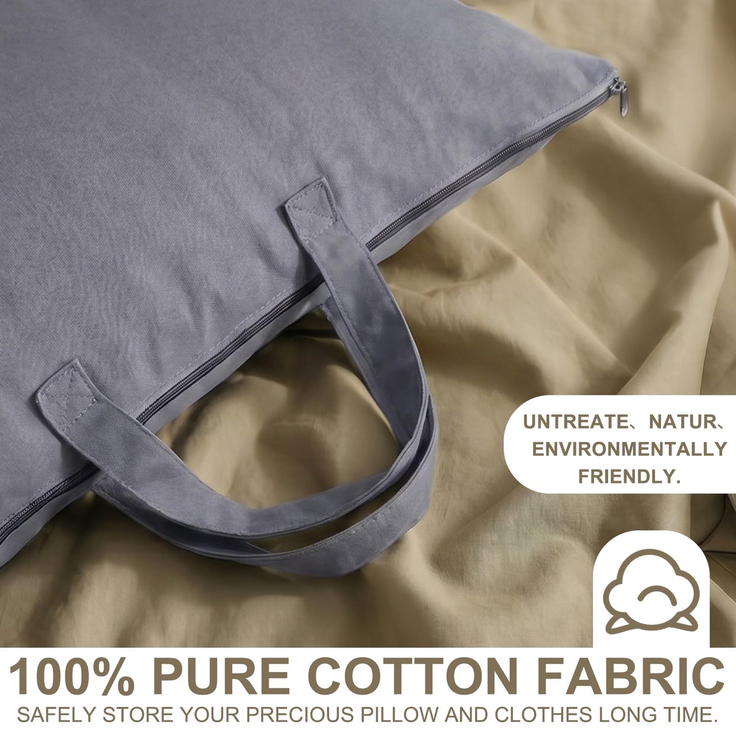 GliCraft 2 Pack 100% Cotton 20"x 36" Grey Canvas Travel Pillow Storage Bag with Handles for Home Travel Beddings Comforters Blankets Saree Linens Organizer Thick Soft Breathable Closet Bags