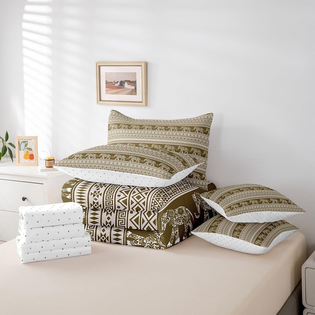 Feelyou Bohemian Elephant 7 Piece Bedding Set Full Size for Kids Boys Girls Teens Toddler Boho Exotic Style Comforter Set with Sheets Brown White Stripe Bed in a Bag Ethnic Elephant Print Bed Set