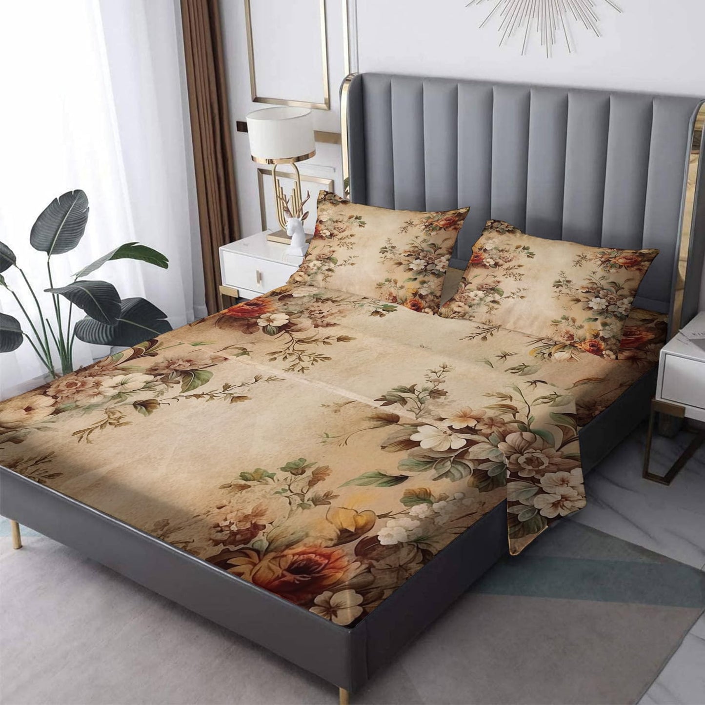 THYUNQ Antique Floral Split King Sheets Sets for Adjustable Bed, Vintage Flower Pattern Sheet Set - 16 Inch Deep Pocket, Super Soft Microfiber Printed Bedding Sheets & Pillowcases 5 Piece