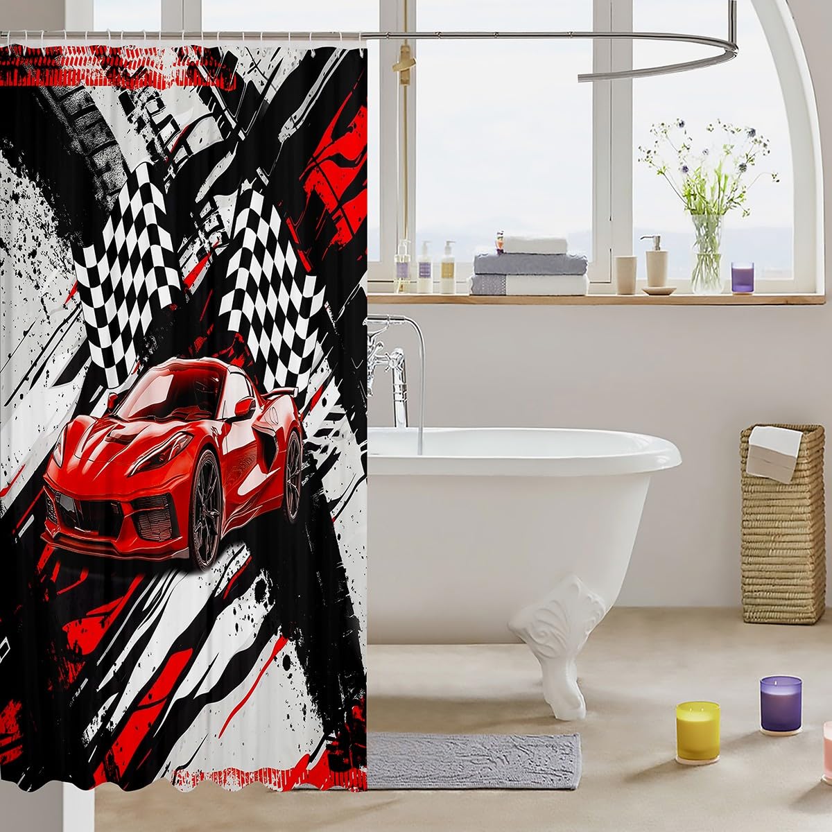 Feelyou Race Car Shower Curtain 72"x72" Speed Sports Car Check Flag Bath Curtain for Boys Girls Teens Racing Wheel Bath CurtainExtreme Sports Kids Bathroom Accessories Automobile