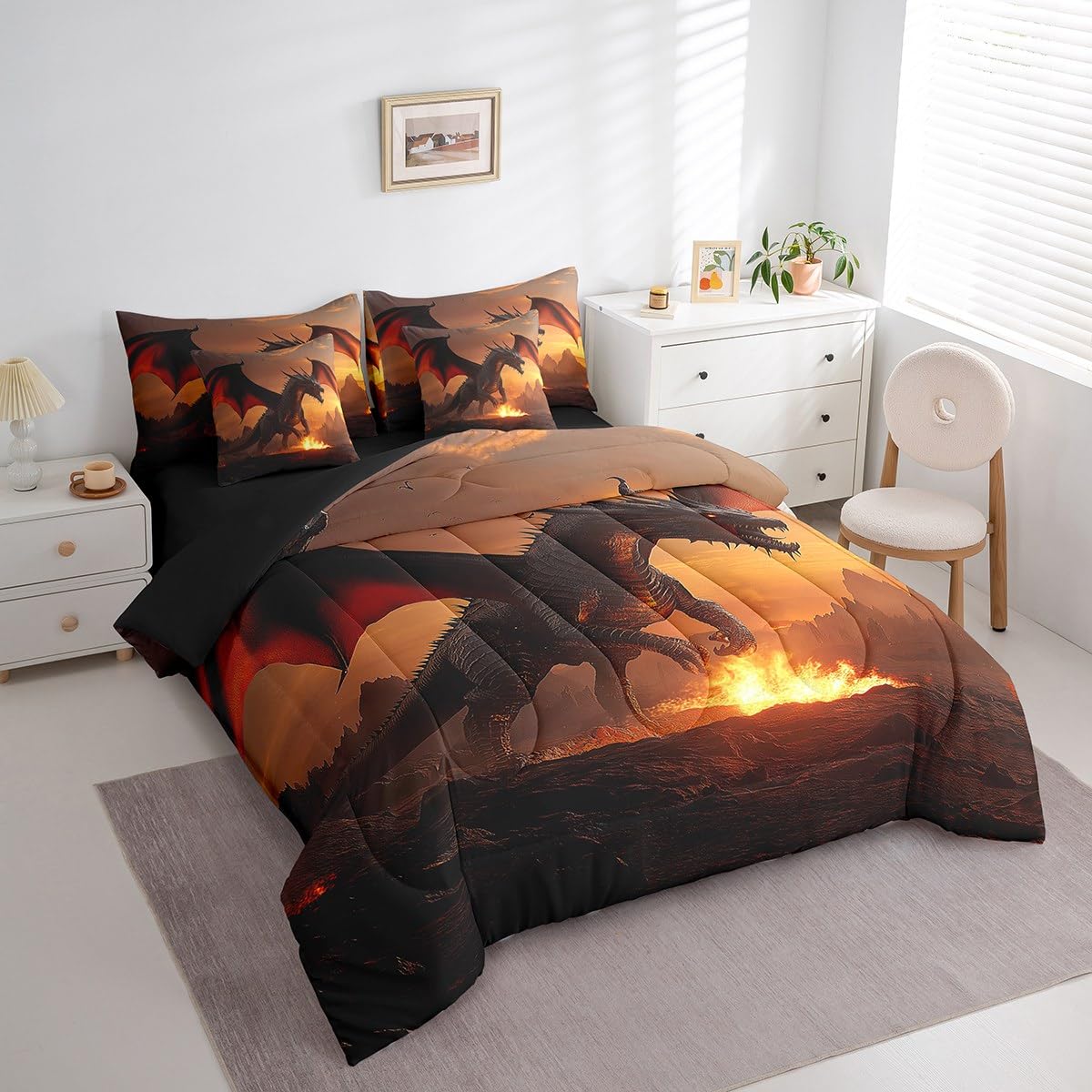 Erosebridal Fire Dragon Comforter Sets with Sheets - Wildlife Animal Theme Bedding Set Queen for Boys Girls 3D Wild Animal 7Pcs Bed in A Bag Fierce Dragon Bed Set