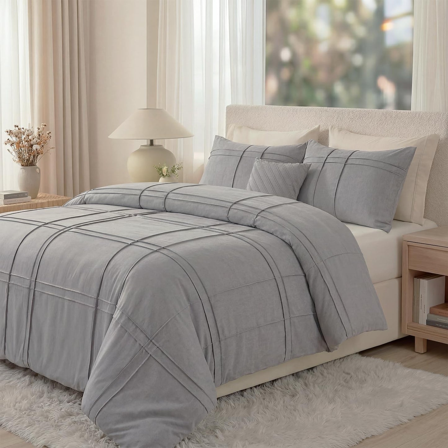 Cozaline 100% Cotton Beige Grey Queen Size Duvet Cover Set - 3 Pieces Pintuck Pleated Duvet Cover, Soft Breathable Duvet Cover with Zipper Closure, Modern Minimalist Bedding Set