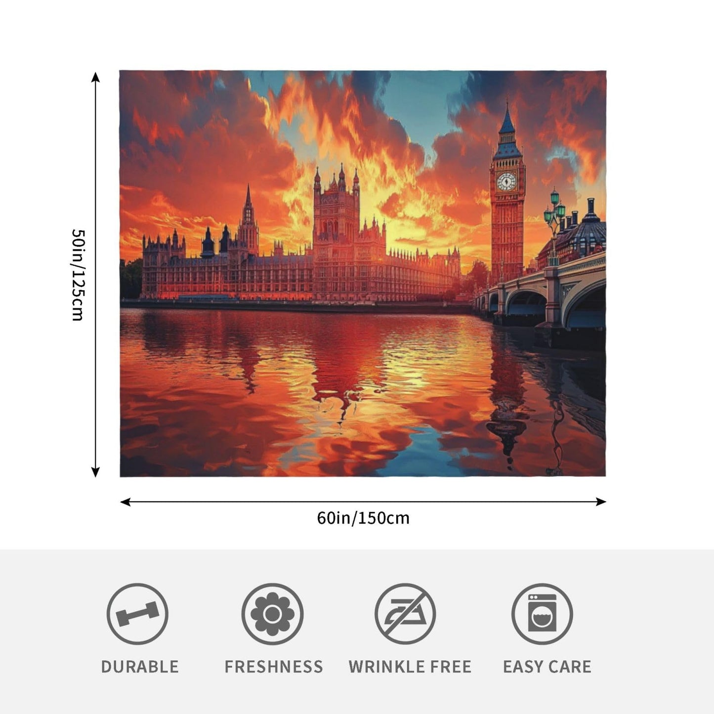 CDSASHCA Ultra-Soft Micro Fleece Blanket,London Skyline At Sunset With Big Ben,Thames Reflection Art,Lightweight Warm For Couch Bed,Hypoallergenic Anti-Pilling,Machine-Washable Travel Decor 50X60 Inch