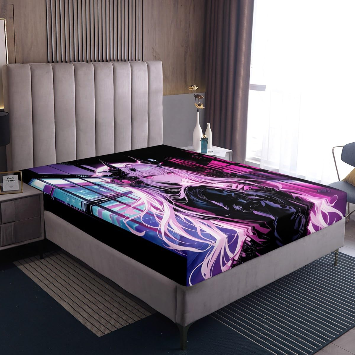 Erosebridal Japanese Anime Fitted Sheet Queen Size, Anime Girl Bedding Set Kawaii Japanese Style Bedding Set Cartoon Japan Animation Bed Set for Boys Teens Adult Women Bedroom Decor