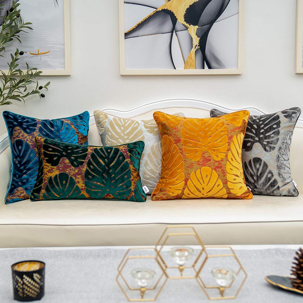 Alerfa 18 x 18 Inch Square Leaf Pillow Embroidery Cut Velvet Cushion Case Luxury Modern Lumbar Throw Pillow Cover Decorative Pillow for Couch Sofa Living Room Bedroom Car, Teal Green
