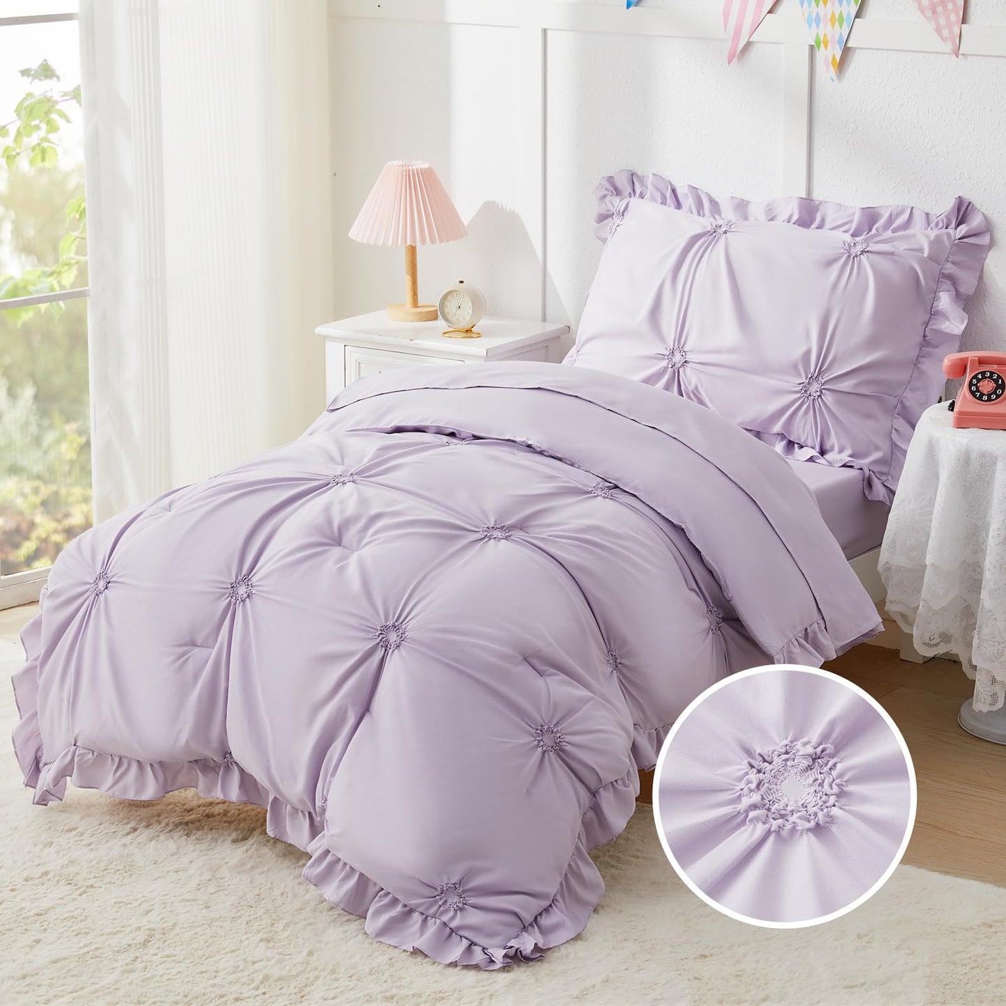 Wowelife Princess Toddler Bedding Set for Girls, 4 Piece Ruffles Jacquard Embroidery Toddler Bed Sheets with Boho Toddler Comforter, Fitted Sheet, Flat Sheet and Pillowcase, Purple