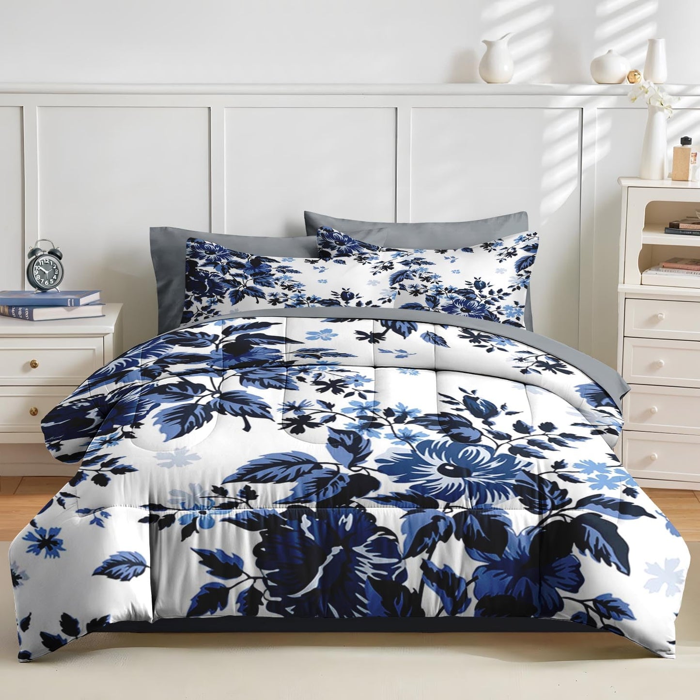 Nesker Comforter Set Full Size, Spring Floral Navy Blue 7 Pcs Bedding for Kids and Adults, Flower Modern Classic Bed Sheet Sets with Fitted Sheet 2 Pillowcases & 2 Shams