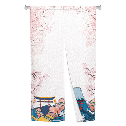 Leowefowa Japanese Doorway Curtain Noren Artistic Painting Door Tapestry Sakura Mount Fuji Pattern Window Treatment Panels for Hanging Room Divider Kitchen Door Curtains Home Decor, 33.5"x 70.9"
