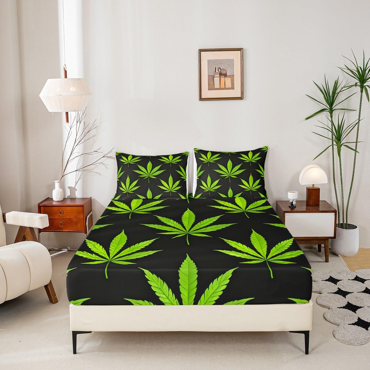 Erosebridal Boho Plant Leaves Fitted Sheet, Adult Bohemia Leaves Bed Sheet, Exotic Leaves Rustic Bedding Set Full Size, Soft Microfiber Bed Cover Wrinkle Bedclothes, Green Black(No Top Sheet)