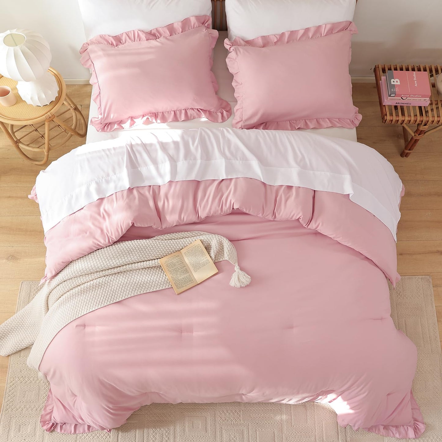 JANZAA Baby Pink Comforter Set Queen – Soft Microfiber, Lightweight All Season Bedding, Ruffle Shabby Chic Aesthetic, Breathable Cozy Bed Set with 2 Pillow Shams, Machine Washable