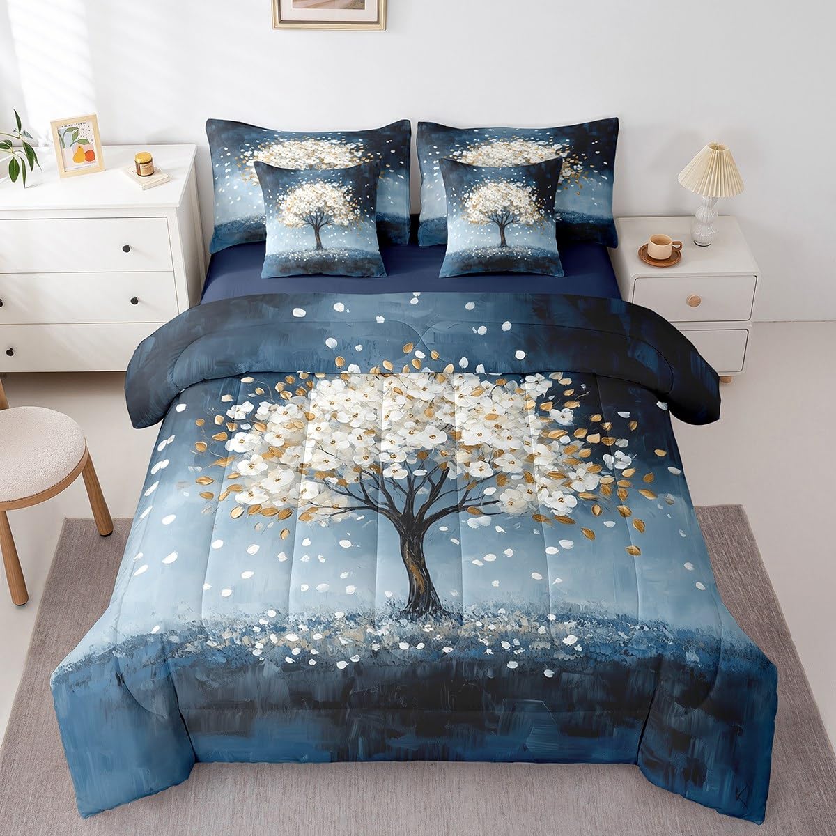White Tree Branches Pattern 7 Pieces Bedding Set Twin Size Kids Leaf Branches Bed in a Bag with Comforter, Sheets, Pillowcases Fallen Leaves Bed Set Breathable Botanical Room Comforter Set with Sheets