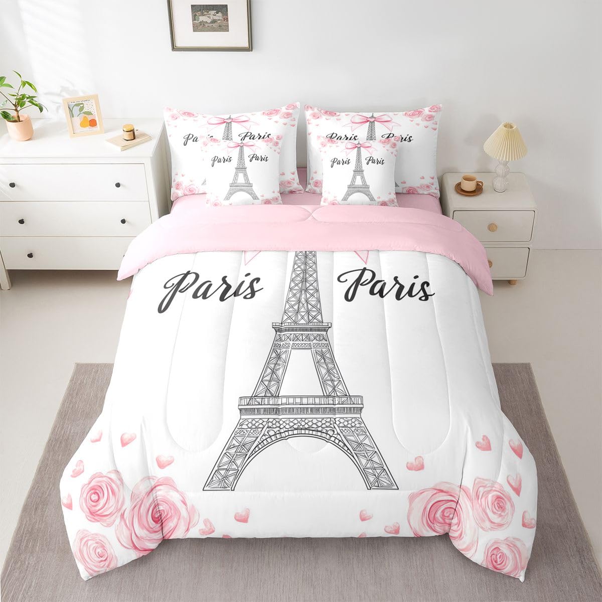Erosebridal Eiffel Tower 7 Pcs Bedding Set Twin Kawaii Pink Bowknot Comforter Set with Sheets Rose Bed in A Bag Romantic Ribbon Bow Kids Girls Bedroom Decor