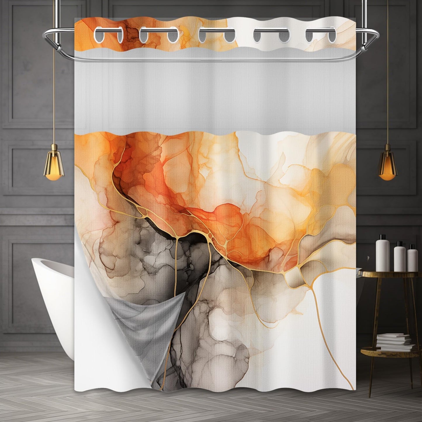 Lvetong Orange Marble Hookless Shower Curtain, 71" W x 74" L
