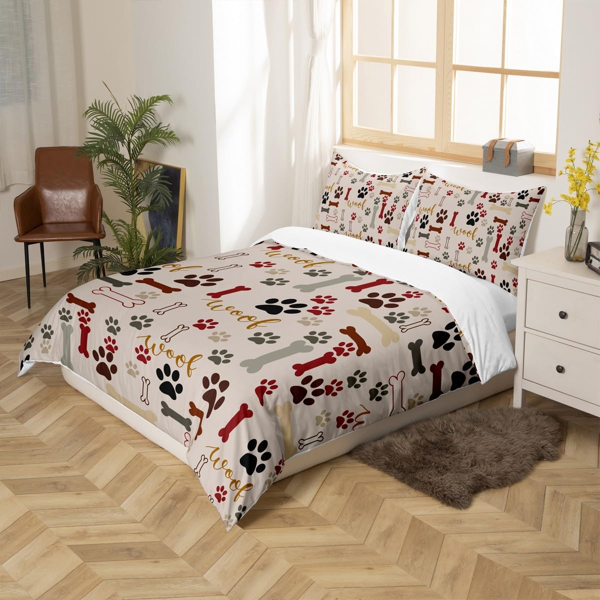Dog Paw Print Duvet Cover Set King Size,Bone Pattern Bedding Set 3pcs for Kids Teens Girls Boys Room Decor, Pet Animal Comforter Cover Cartoon Quilt Cover with 2 Pillowcases