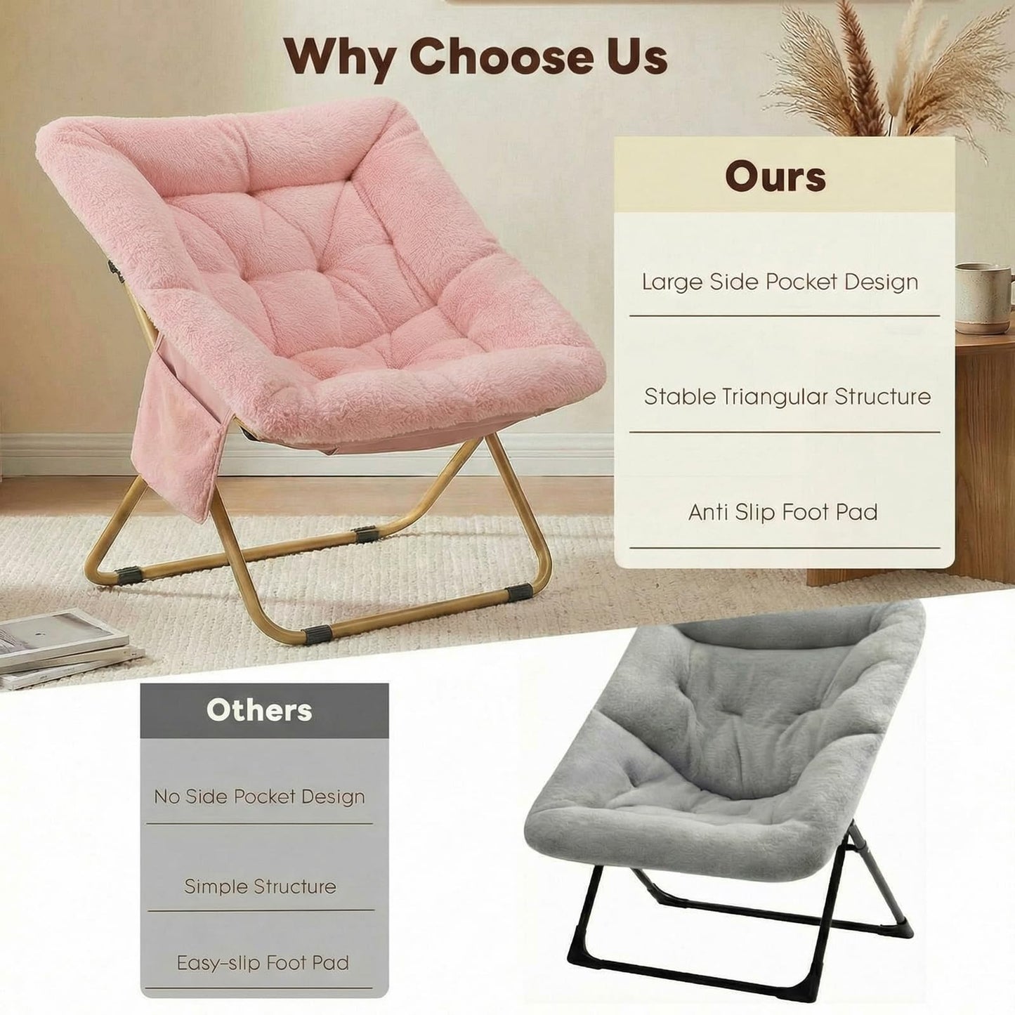 Folding Saucer Chair, Comfy Reading Chair with Soft Thick Padded Seat, Plush Faux Fur Lounge Chair for Small Space, Bedroom, Dorm, Living Room, X-Large Lazy Chair for Adults Teens Kids