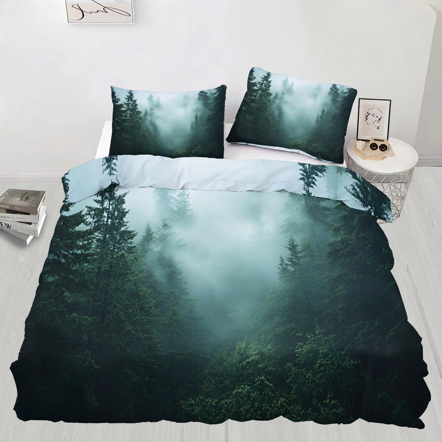 GKPLY Misty Pine Forest Duvet Cover Cal King, Foggy Mountain Bedding Sets, Woodland Landscape Comforter Set, Zipper & Ties, Calm Nature Duvet Cover & 2 Pillow Cases, Reversible Print
