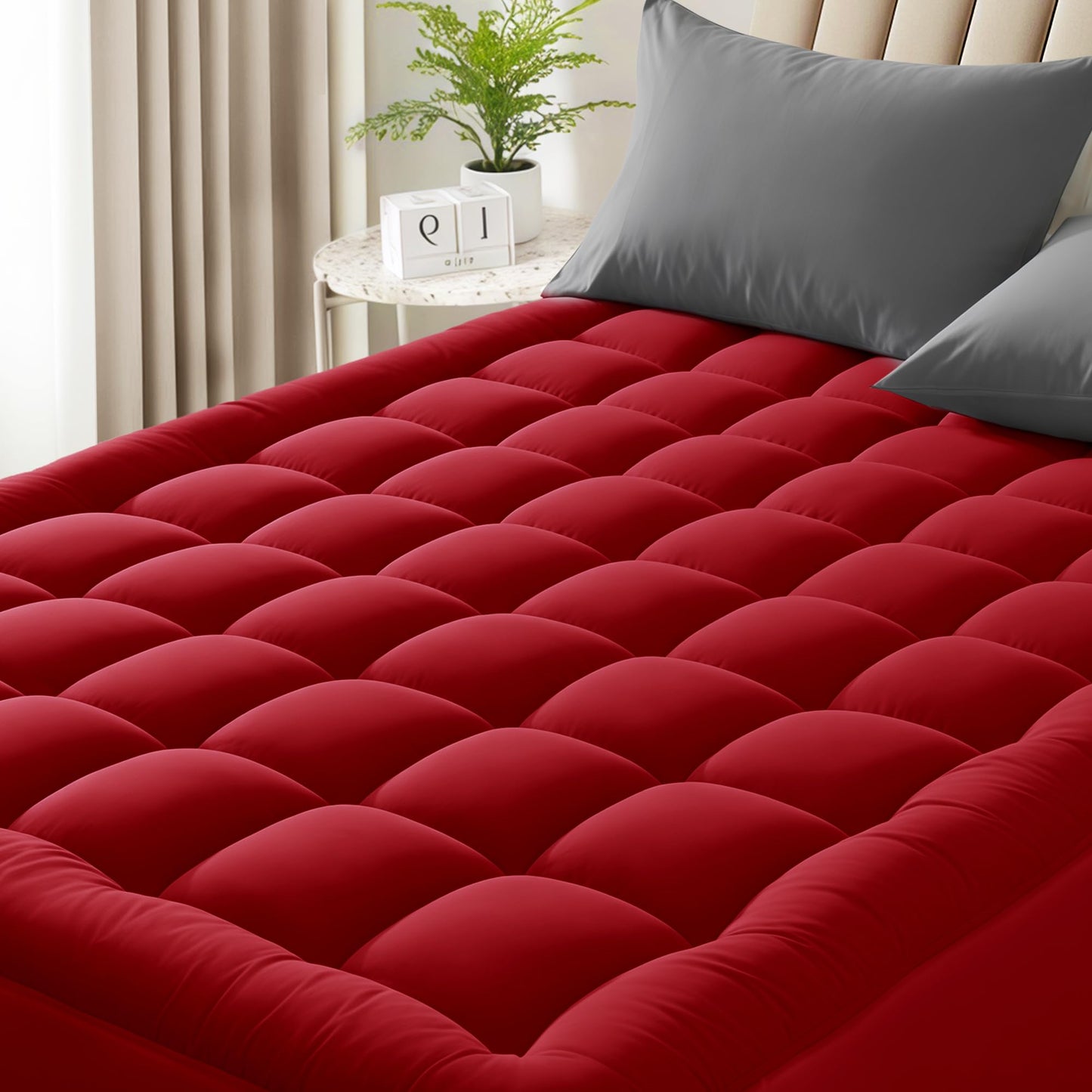WQSPRING Quilted Mattress Pad Pillow Top Mattress Cover Protector Cooling Soft for Breathable Padded Deep Pocket 8-21 Fitted Supportive(Red,King Size)