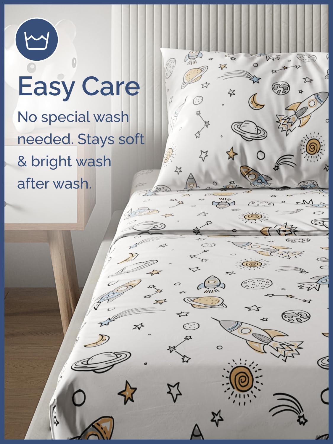 Kids Twin Size Bed Sheet Set - 3 Piece Kids Loft Bed Sheets - Space Galaxy Theme bedding - Soft, Cute - Breathable and Machine Washable - Spaceship Rocket Bed Set for Boys, Girls, Teens and Toddlers