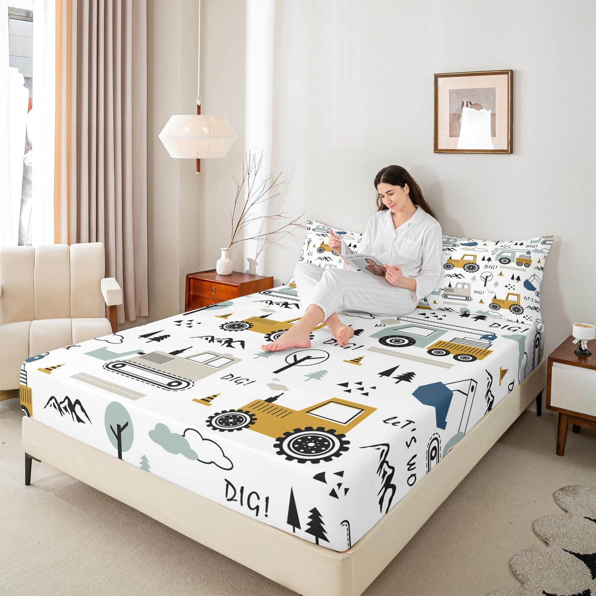 Cartoon Car Kids Sheet Set Construction Bed Sheets Set Decor Equipment Trucks Sheets with Deep Pocket Fitted Sheet Cartoon Car Excavator Tractor White Yellow Bedding Set Bedroom Quilt Cover 4Pcs Full