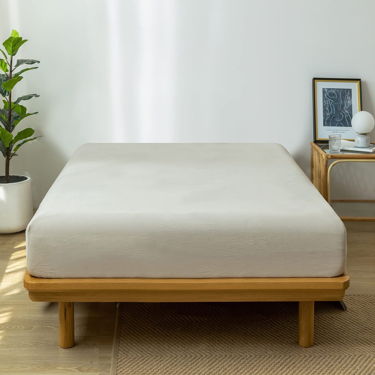 MooMee Fitted Bottom Sheet Only 100% Washed Cotton Linen Like Textured Breathable Durable Soft Comfy Deep Pocket Fits Mattress up to 17" (Cream Grey, Queen)