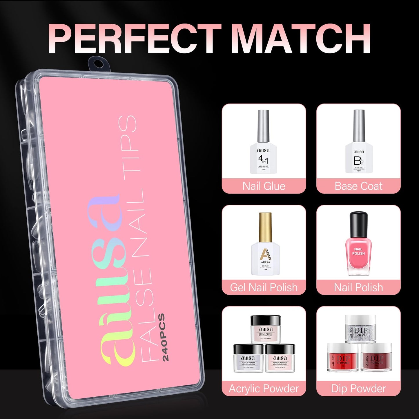 AILLSA Short Square Nail Tips, Fake Thickened Half Matte Nails Tips, Pre-shaped Press on False Nail Tip for Nail Salon 240PCS 15 Sizes with Storage Box
