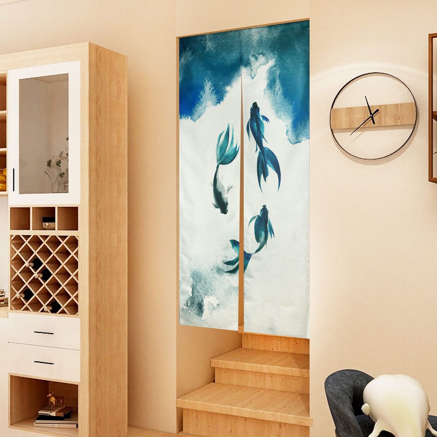 LIGICKY Chinese Ink Style Long Japanese Noren Doorway Curtain Linen Koi Fish Printed Asian Window Treatment Hanging Door Tapestry for Sushi Kitchen Home Decoration 33.5" Width x 70.9" Long