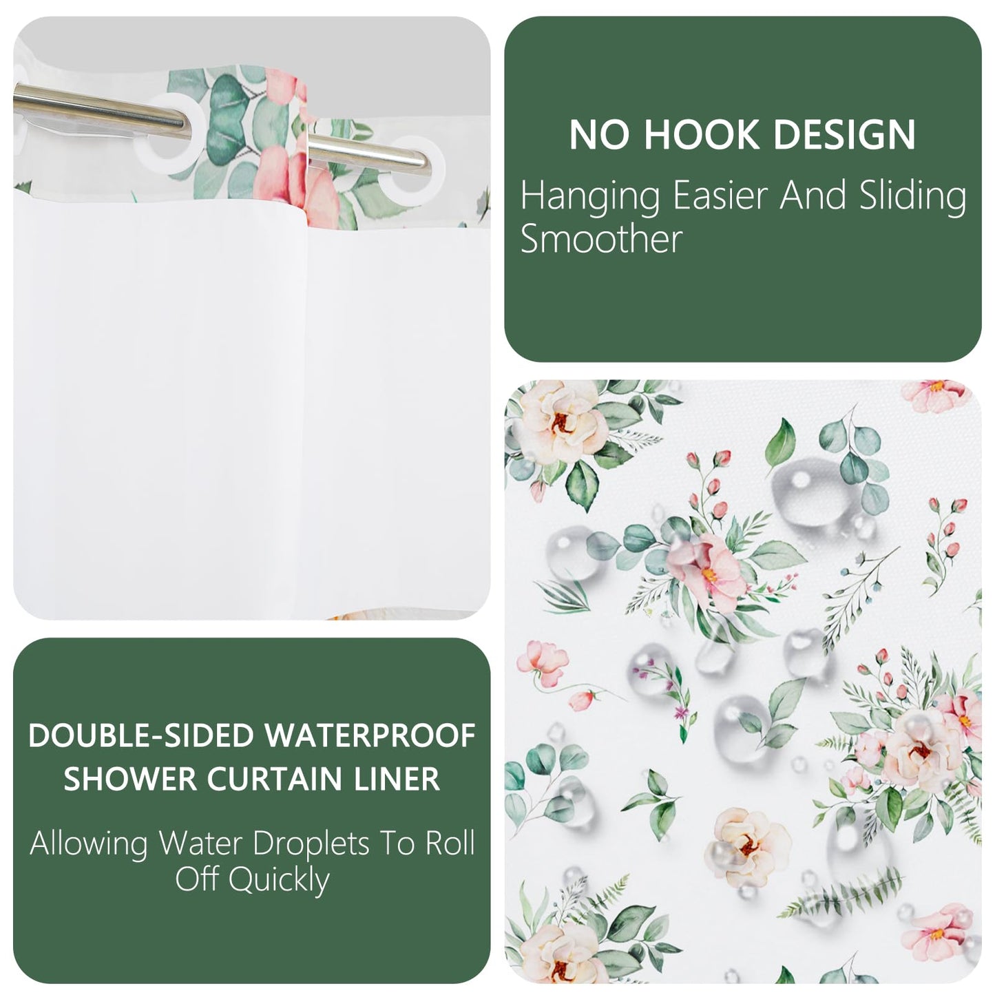 NAEMBCU No Hook Shower Curtain with Snap in Liner 71x74 Inch