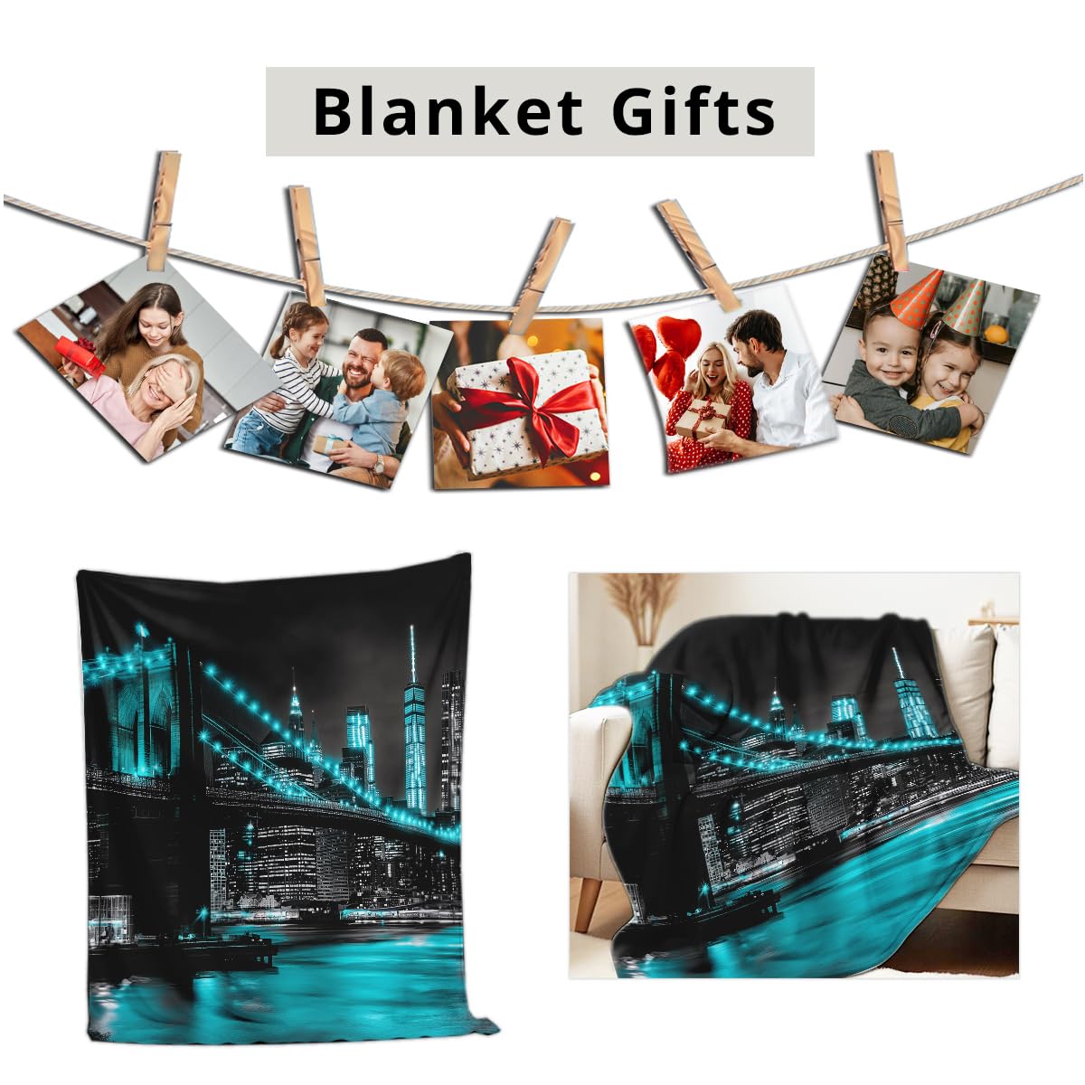 HUNXIAOJ New York City Building Blanket for Bed Couch Cityscape Blanket Throw Black White Teal Decor Flannel Prints Bedding Home Decor (49"x59")