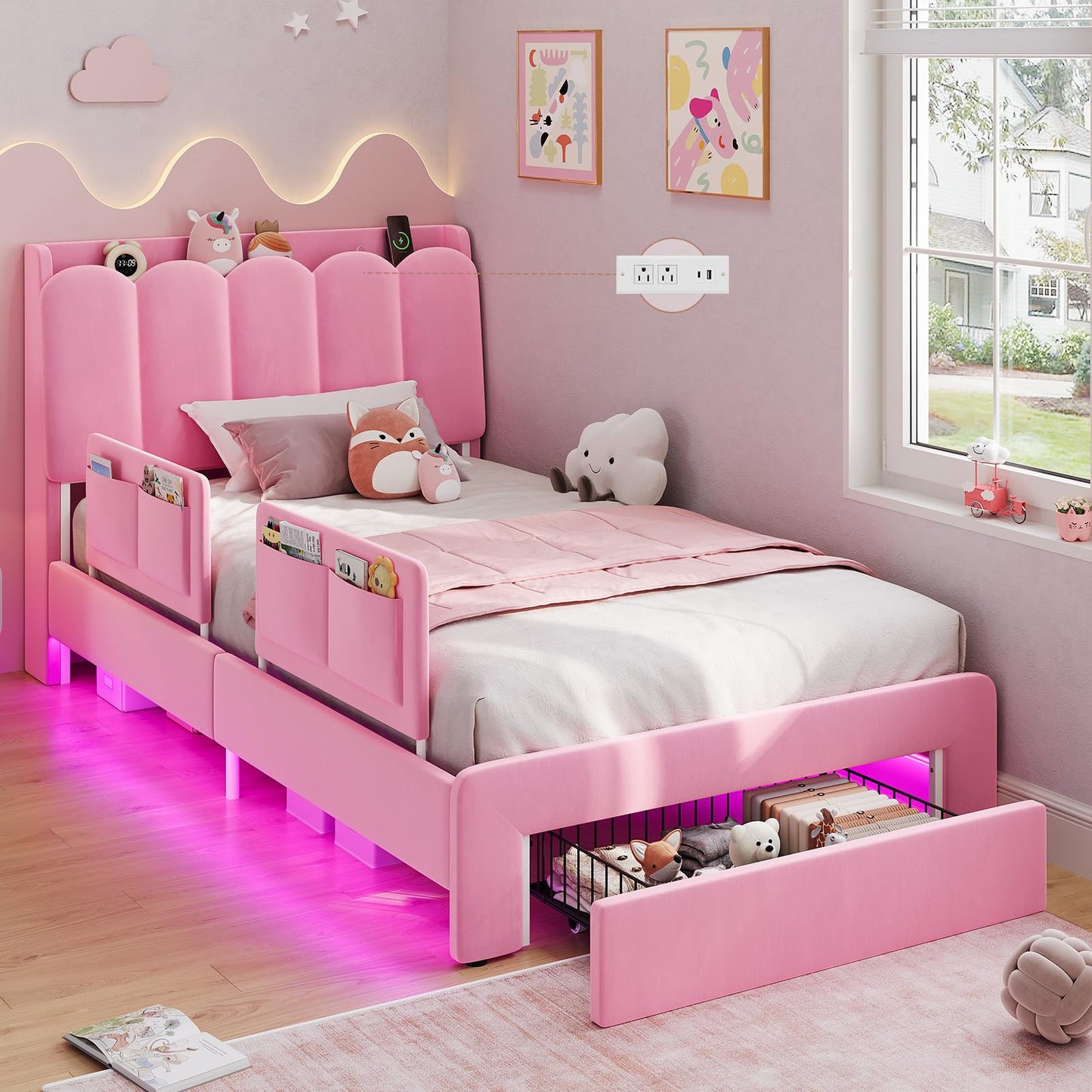 DICTAC Twin Size Princess Bed Frame with Storage Drawer and Safety Guardrails, LED Velvet Upholstered Platform Bed for Girls with Wavy Storage Headboard,Charging Station,Heavy Duty Metal Support, Pink