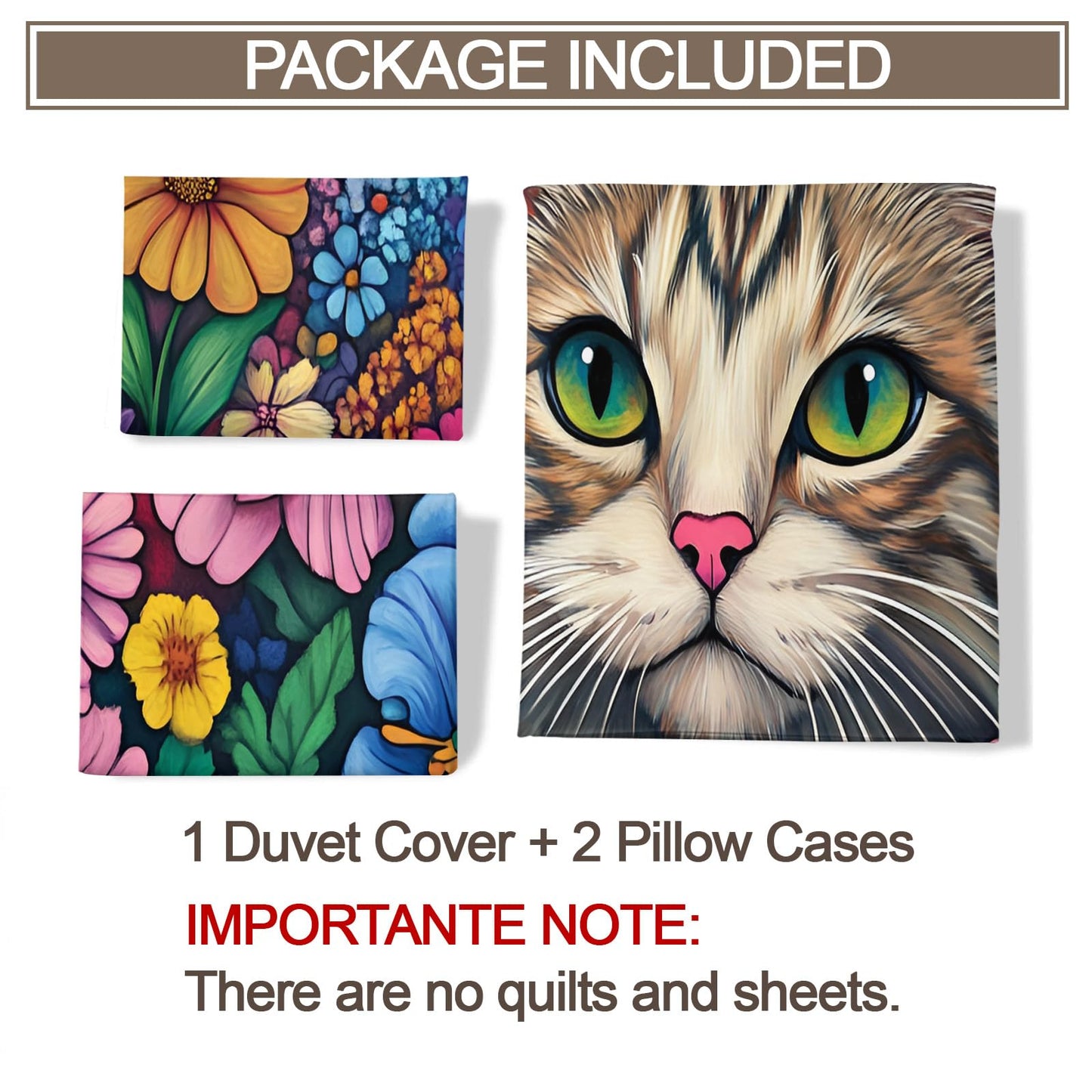 PAISUOQ Cat Print Bedding Sets Full Boho Flowers Comforter Cover with Zipper Ties, Rustic Floral Animal Duvet Cover with 2 Pillowcases, 3 Pieces，Bedroom Decor & Gifts