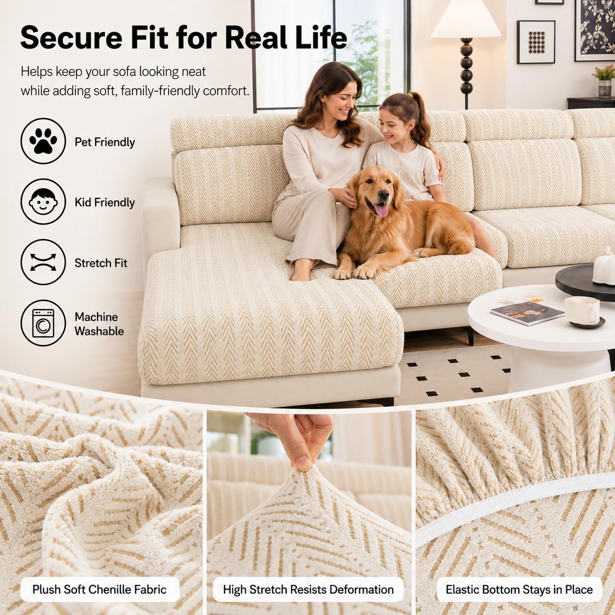 DiiuuAII Couch Cushion Covers, Stretch Anti-Slip Couch Covers for Sectional Sofa with Adjustable Buckle Washable Pet Friendly Furniture Protector(Linen White,2 Seat Cover M)