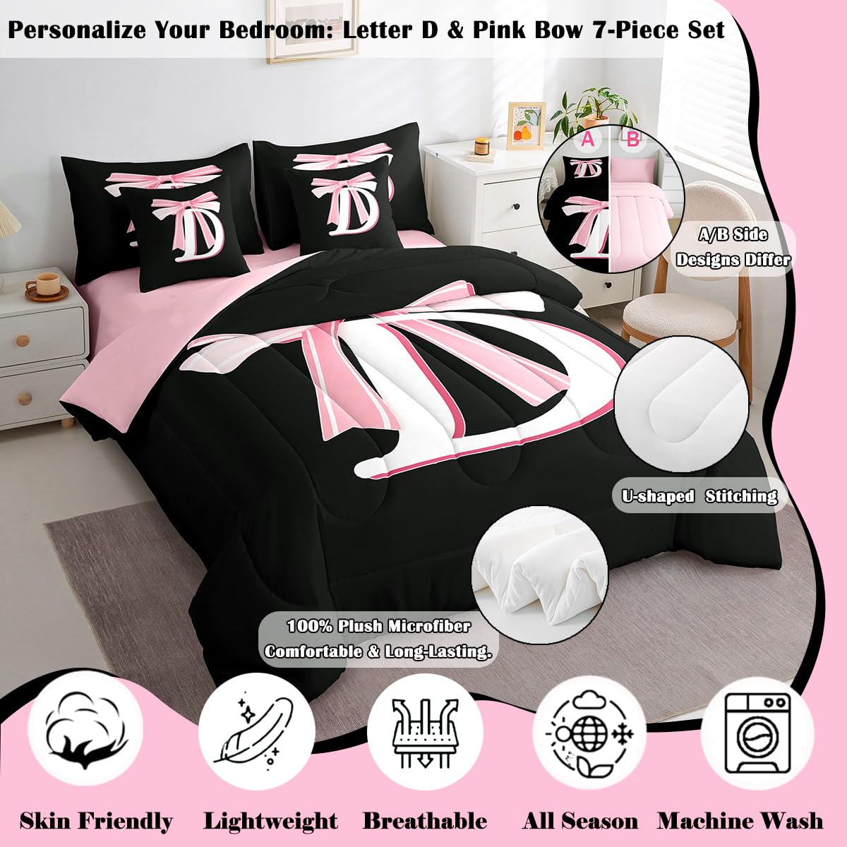 jejeloiu Kids Girls Black Pink Bow Comforter Set with Sheets Twin Size Monogrammed 7 Piece Bedding Set Personalized Initial D Bed in a Bag with Comforter, Sheets,Pillowcases Modern Fashion Bed Set