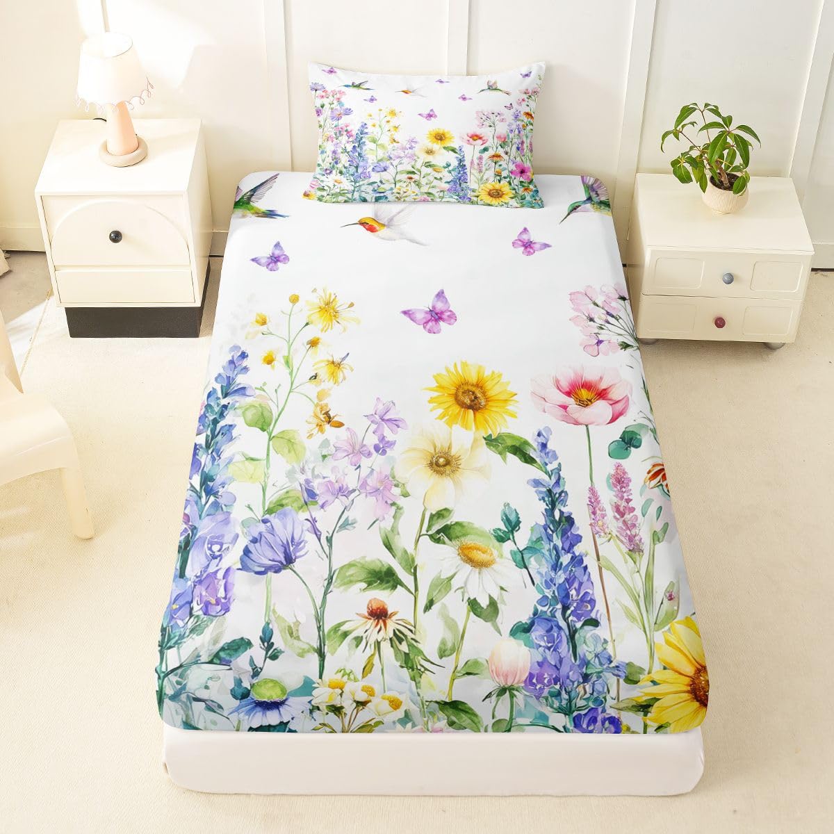 Erosebridal Spring Floral Bed Sheets Twin for Girls Women - Chic Watercolor Wildflower Fitted Sheet Garden Floral Butterfly Bedding Set,Coquette Farmhouse Bed Cover 2 Pcs