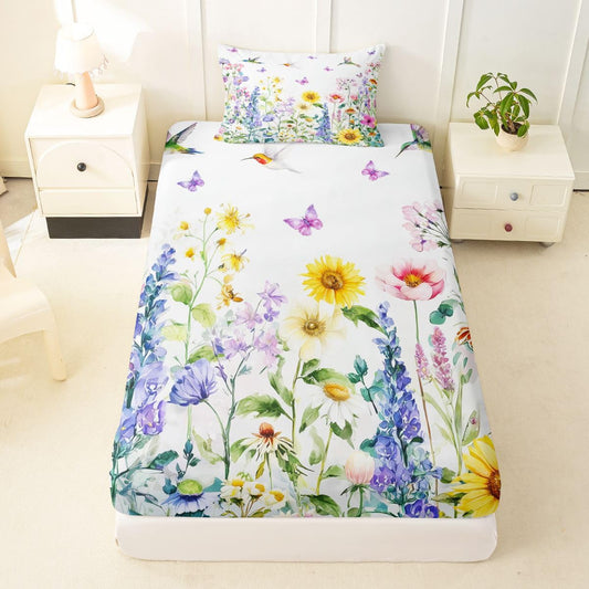Erosebridal Spring Floral Bed Sheets Twin for Girls Women - Chic Watercolor Wildflower Fitted Sheet Garden Floral Butterfly Bedding Set,Coquette Farmhouse Bed Cover 2 Pcs