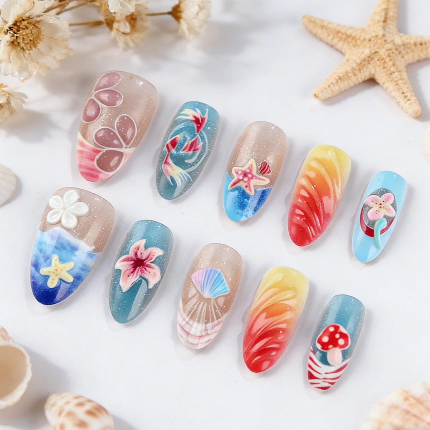 octoswave Long Almond Press on Nails 3D Summer Beach Fake Nails Ocean Wave Starfish Shell False Nails for Women Vacation Party Manicure 30Pcs