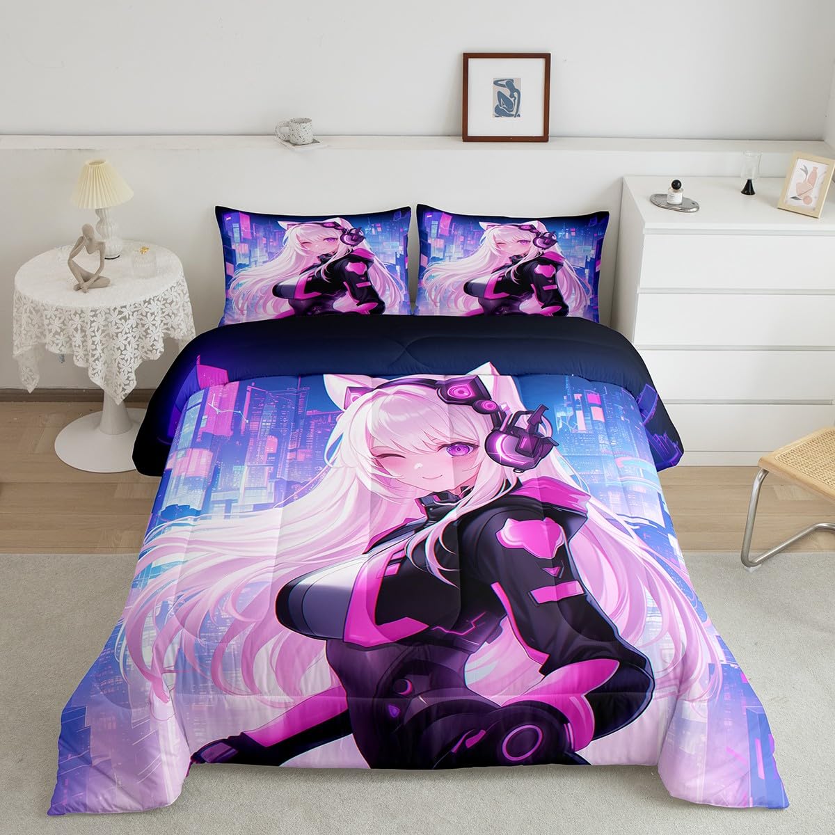 Erosebridal Twin Anime Girl Comforter Set 2 Piece, Kawaii Japanese Anime Bedding Set Cartoon Girl Bedding Comforter Sets Sci Fi Style Japanese Animation Quilt for Kids Girls Teens Adult Room