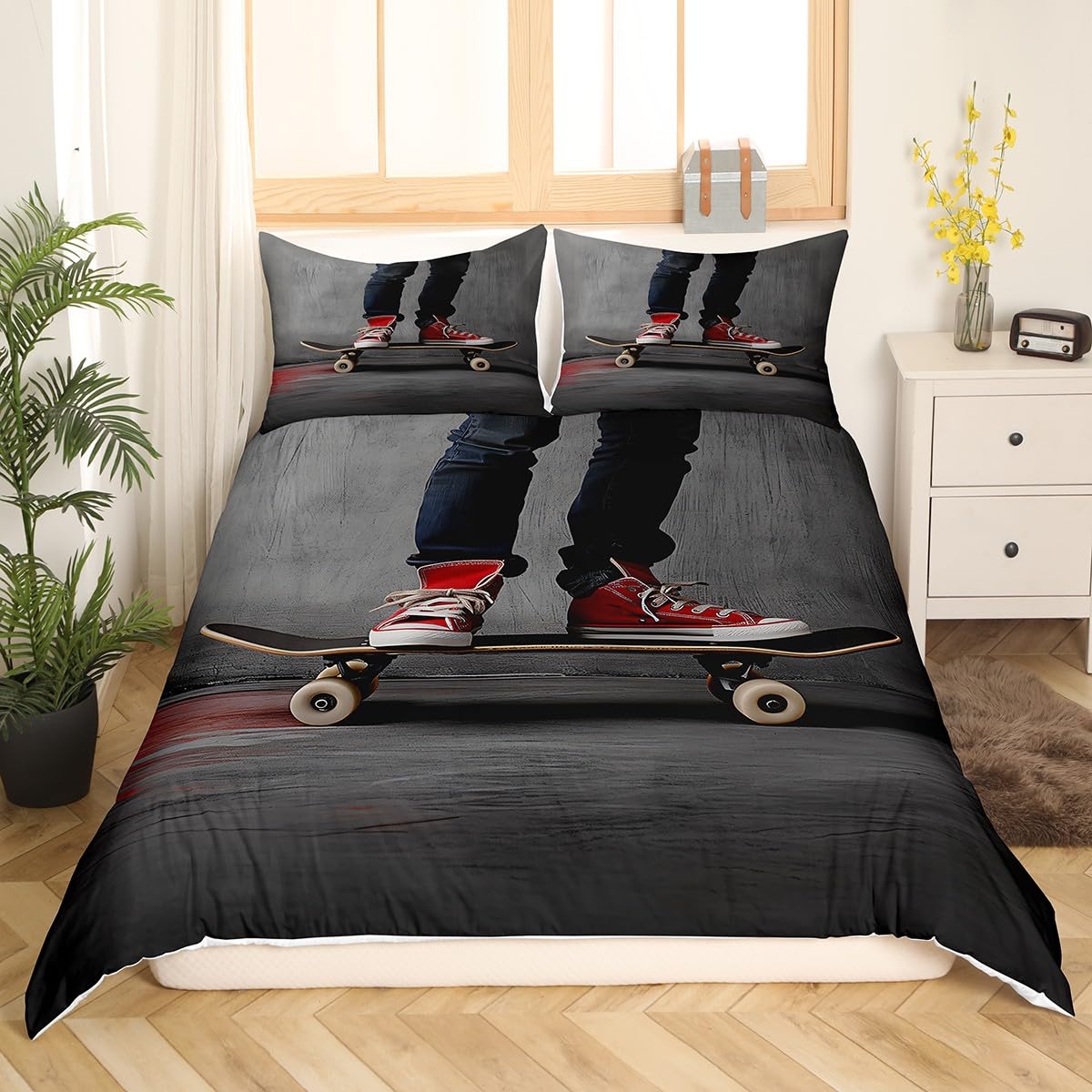 Feelyou Youth Skateboard Comforter Cover Set Boys Teenage Sports Theme Duvet Cover Hippie Skater Bedding Set 2 Pillowcases Full Size