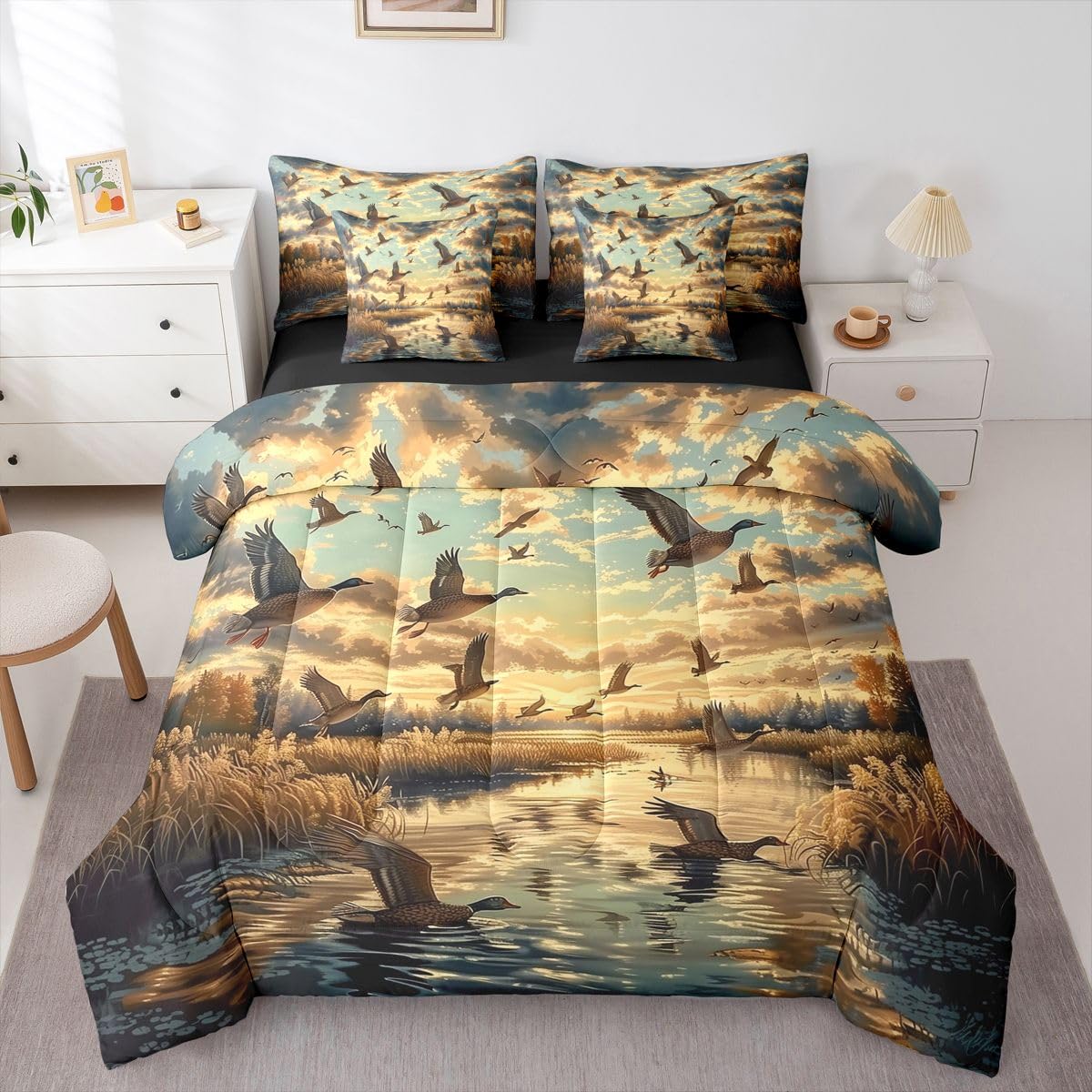 Erosebridal Reed Marshes 7 Piece Bedding Set Queen Mallards Comforter Set with Sheets Wild Ducks Clouds Wild Animal Theme Bed in a Bag Sunset Trees Hunting Waves for Teens Men Women
