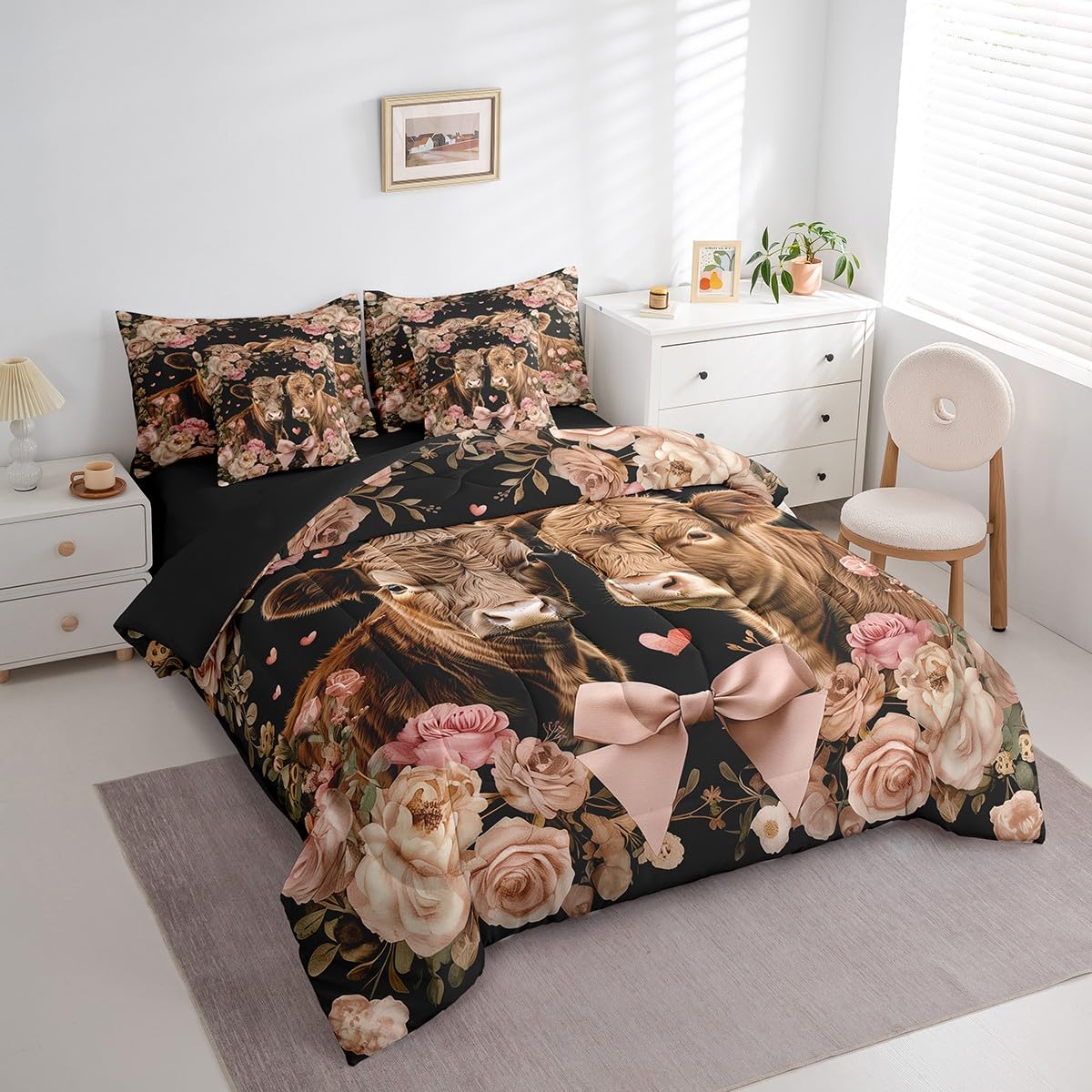 Erosebridal Highland Cow Bedding Set Romantic Roses Valentine's Day Queen Comforter Set 7 Piece for Men Women,Farm Animal Couple Bed in A Bag Pink Flowers Bow Bed Set Room Decor